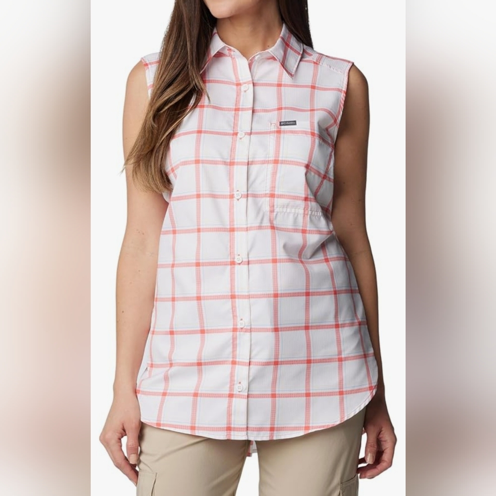COLUMBIA Anytime Lite Sleeveless Shirt - Pink Windowpane - Size S (NWT) - Picture 1 of 16